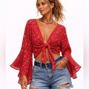 Red Boho Floral Bell Sleeve Wrap Top, Organic Viscose Adjustable Festival Blouse